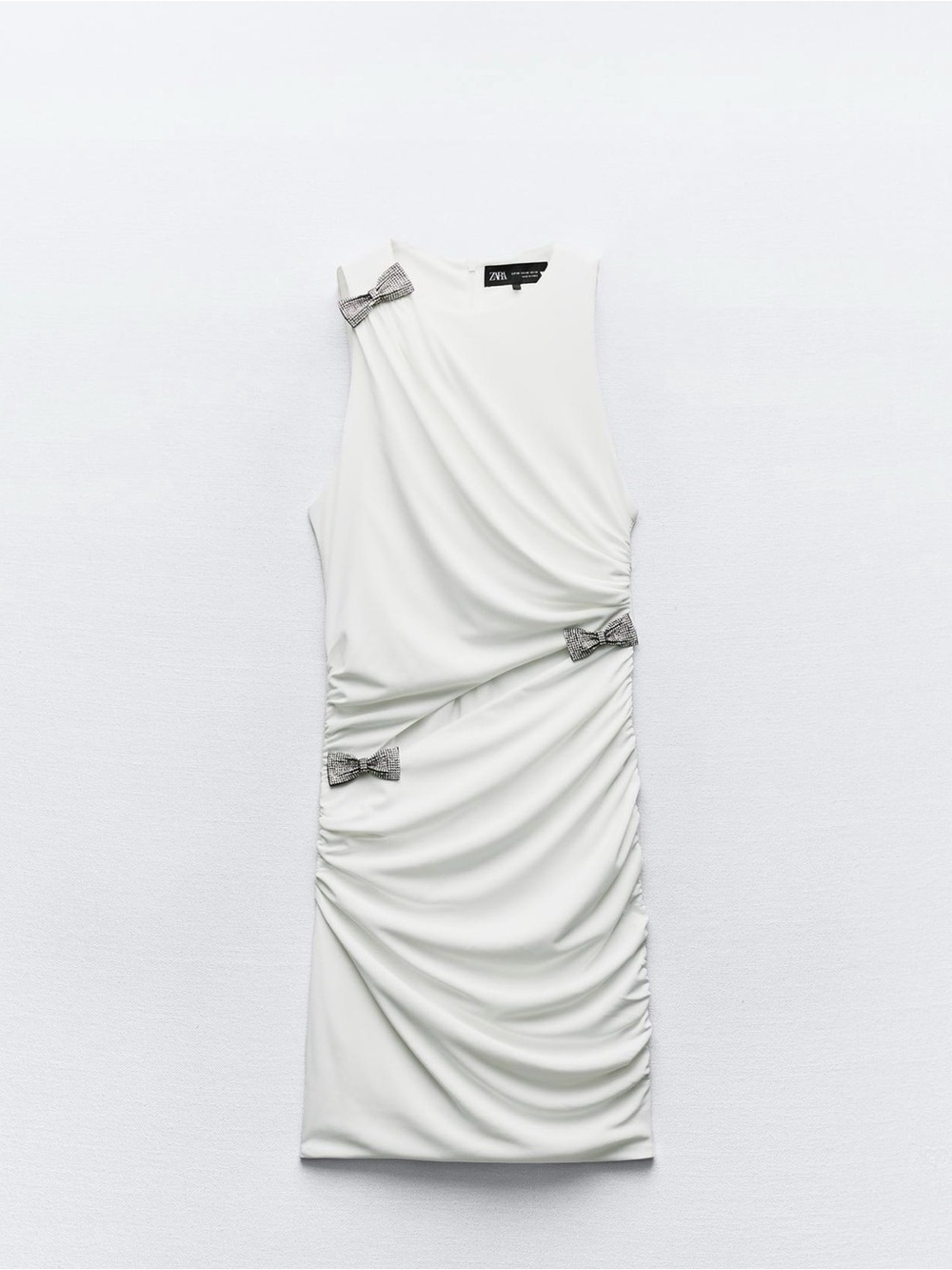 Zara White Draped Sleeveless Cocktail Dress with Crystal Bow Embellishments